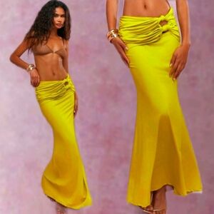 NWT Yellow Jersey Knot Detailed Waist Flared Maxi Skirt Sz Medium